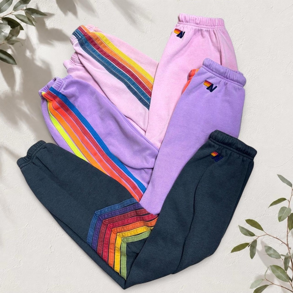 Aviator Nation Rainbow Stripe Joggers Lot 3 Pairs XS S Purple Gray Pink Womens